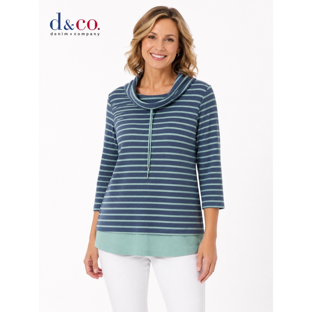 Denim & Co  Blue Mint Striped Waffle Knit Cowl Neck Tunic Womens XLP Petite